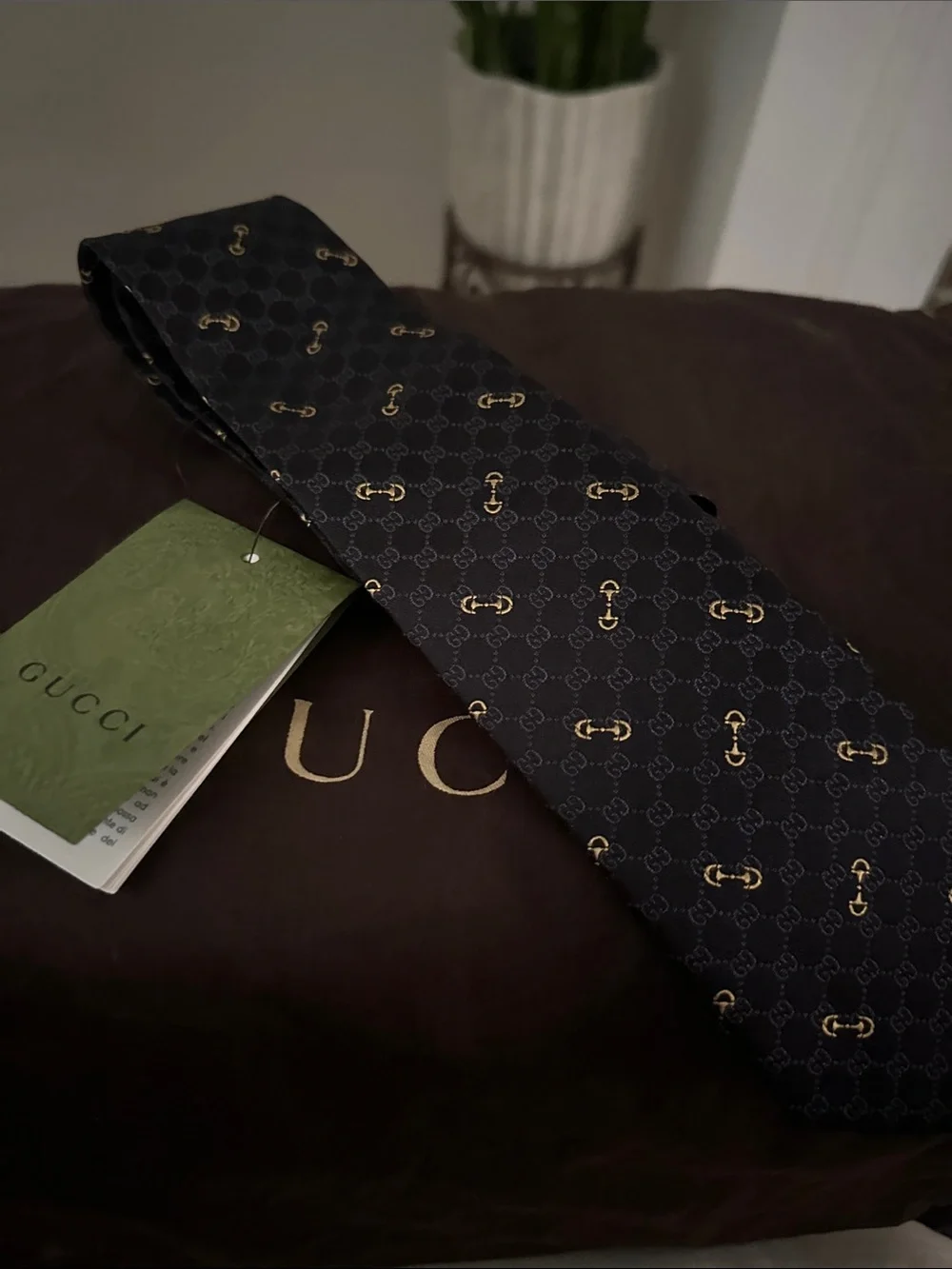 Gucci Black Silk Tie with Gold Horsebit & GG Motif